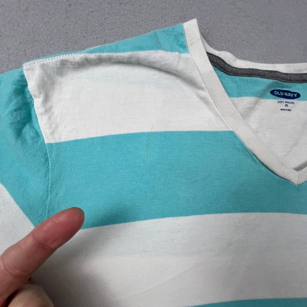 Old Navy V-Neck T-Shirt Mens XL Teal White Striped Soft-Washed Rugby Casual Tee - Picture 4 of 10